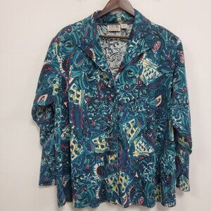 Vintage Stefano Womens Artsy 90S Button Up Top Size 18W Blue Abstract Office